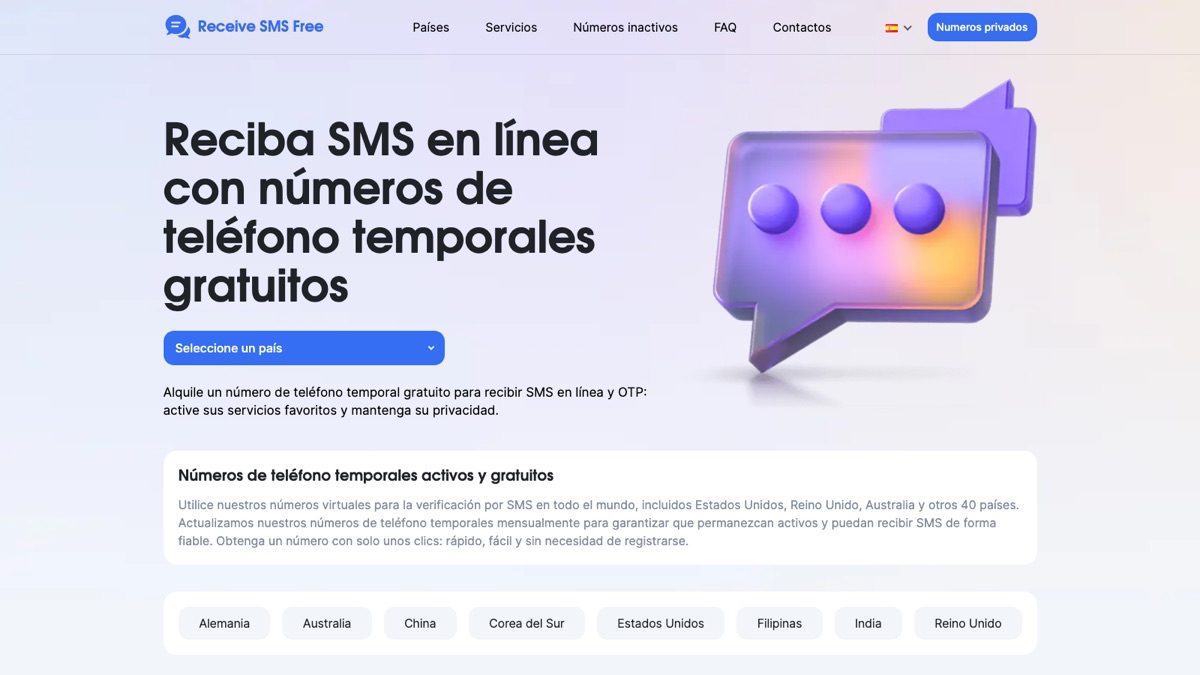 Captura de pantalla de receive-sms.io